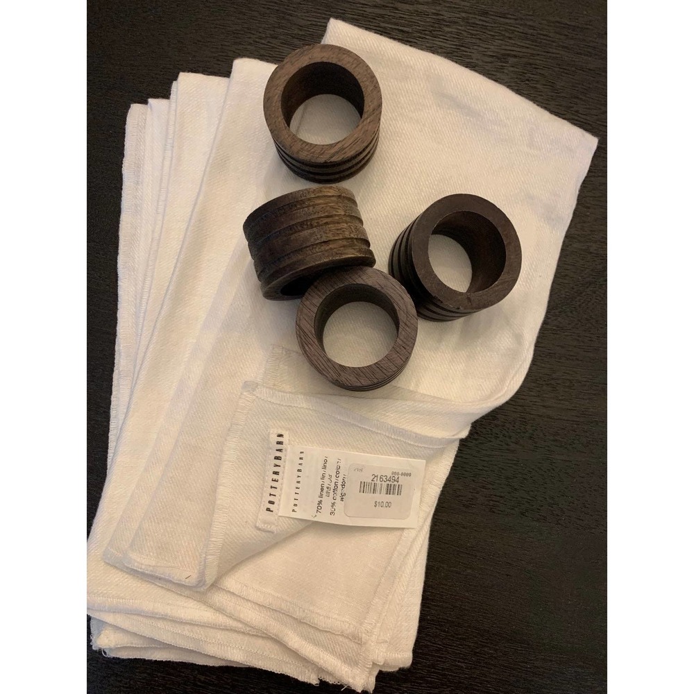 New! Pottery Barn set/4 white 22” linen cloth napkins with wooden rings Easter